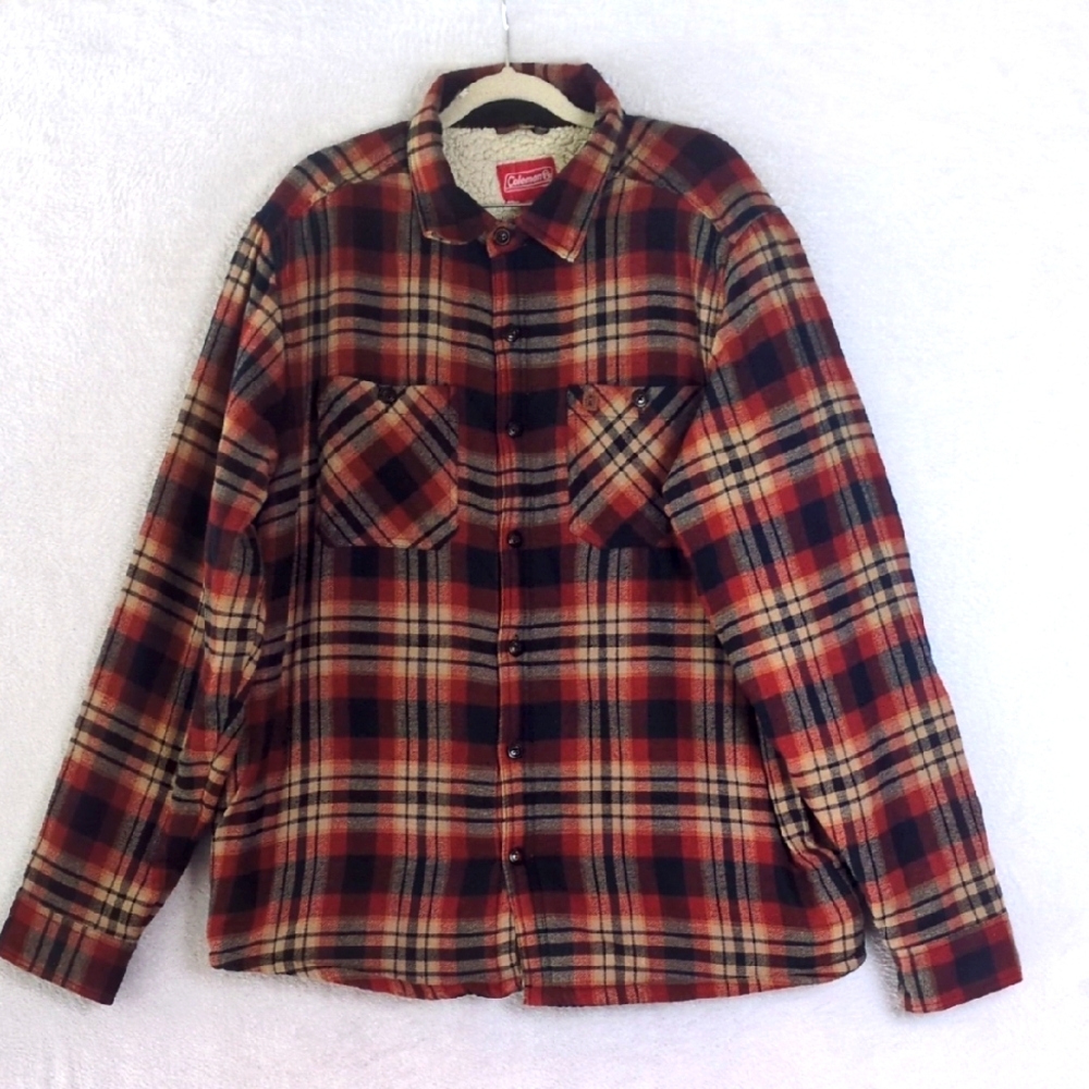 Coleman Mens Plaid Faux Sherpa Lined Button‎ Jacket Size L
